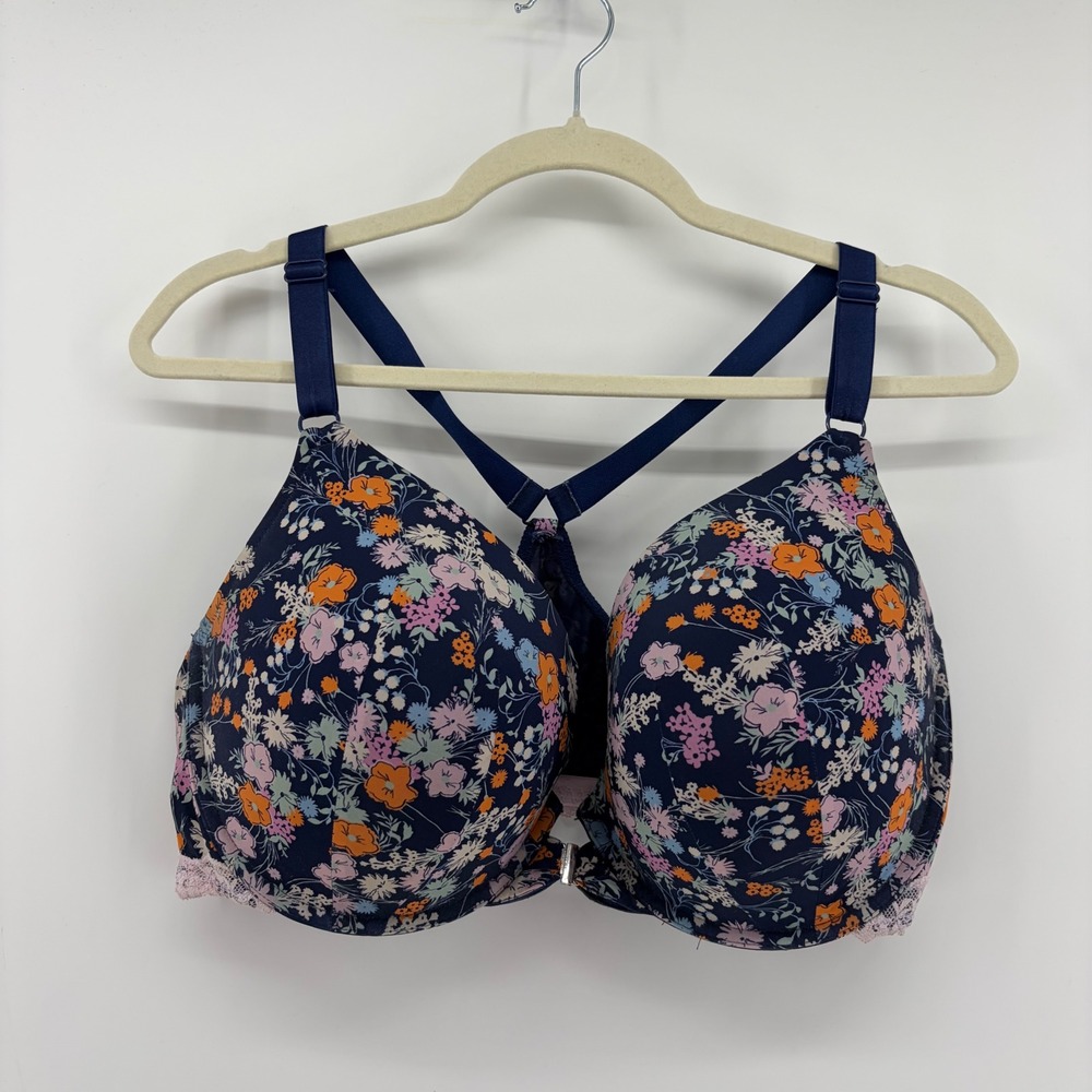 Adore Me Womens 40G Navy Blue Floral Front-Closure Racerback Underwire Bra